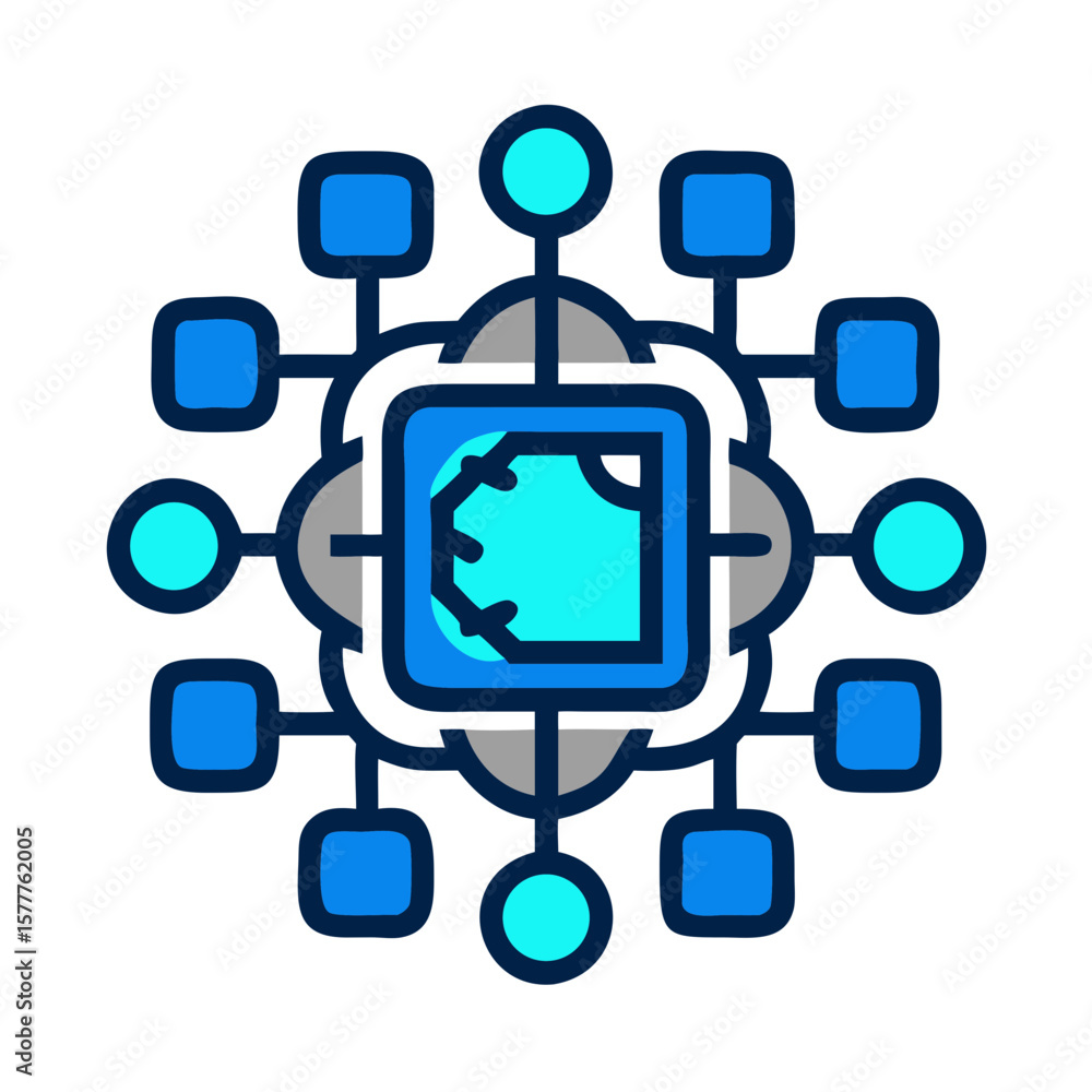 Poster intelligent system icon featuring a central microchip and interconnected nodes in blue and turquoise