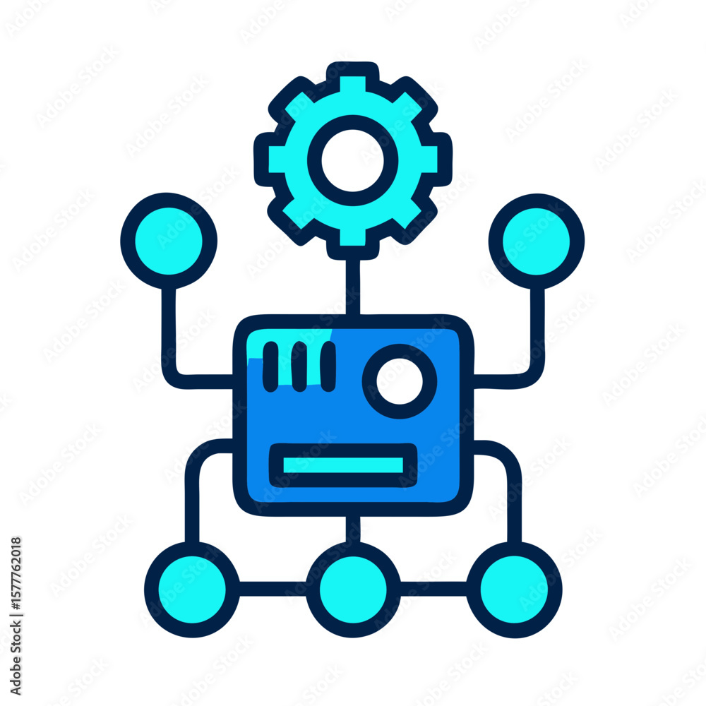Poster machine learning icon featuring gears and connected nodes in blue and turquoise colors on white back