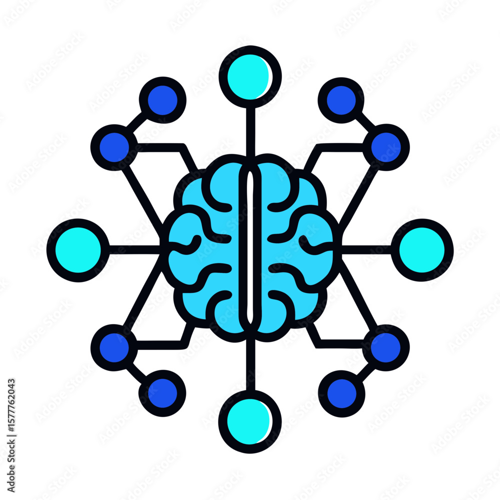 Poster neural network icon featuring a brain and interconnected nodes in blue and turquoise colors on white
