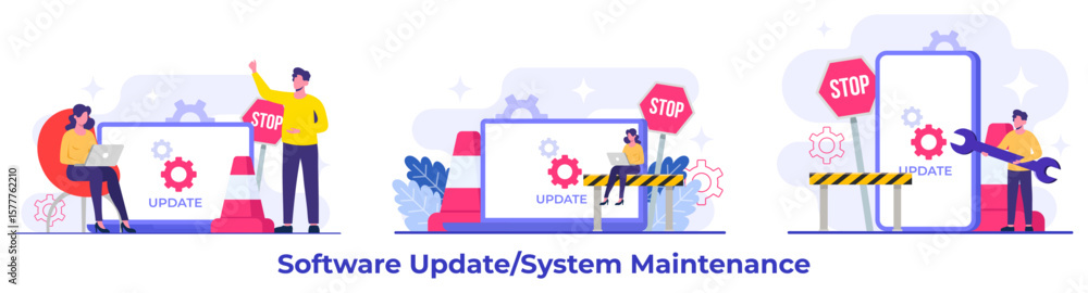 Wall mural system maintenance, error, fixing trouble, device updating, software system under maintenance vector