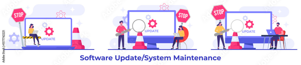 Wall mural system maintenance, error, fixing trouble, device updating, software system under maintenance vector