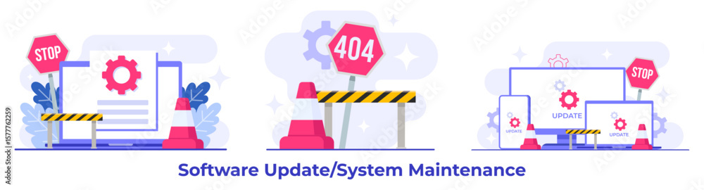 Wall mural system maintenance, error, fixing trouble, device updating, software system under maintenance vector
