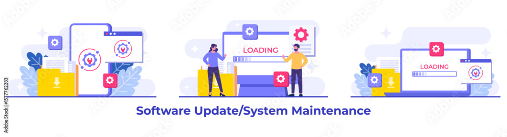 Wall mural system maintenance, error, fixing trouble, device updating, software system under maintenance vector