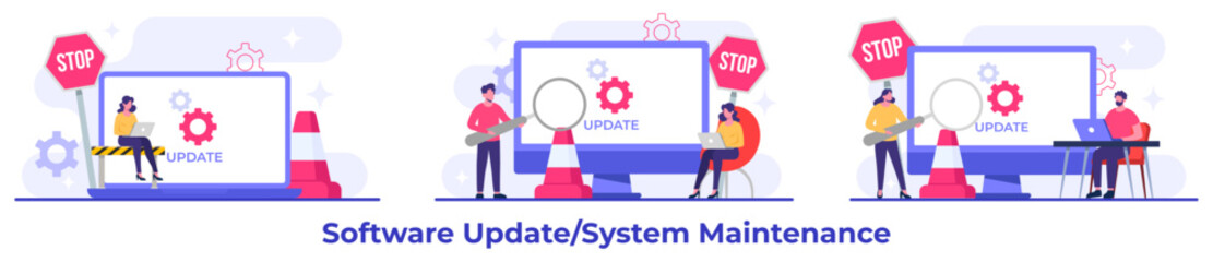 System maintenance, Error, Fixing trouble, Device updating, Software system under maintenance vector illustration, Software upgrade process on devices, System update, People update operation system