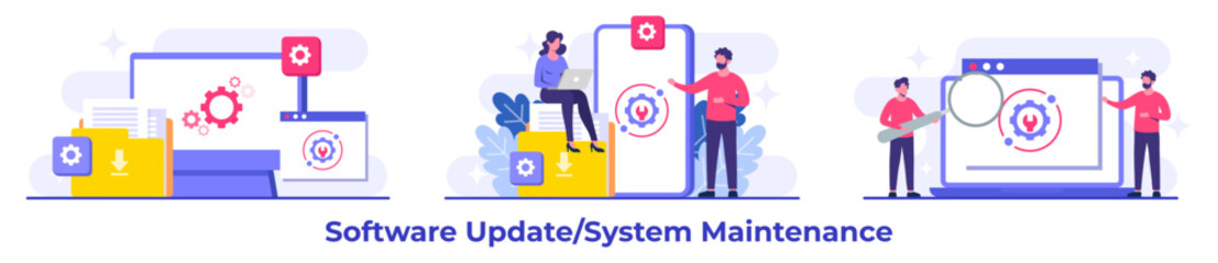 System maintenance, Error, Fixing trouble, Device updating, Software system under maintenance vector illustration, Software upgrade process on devices, System update, People update operation system