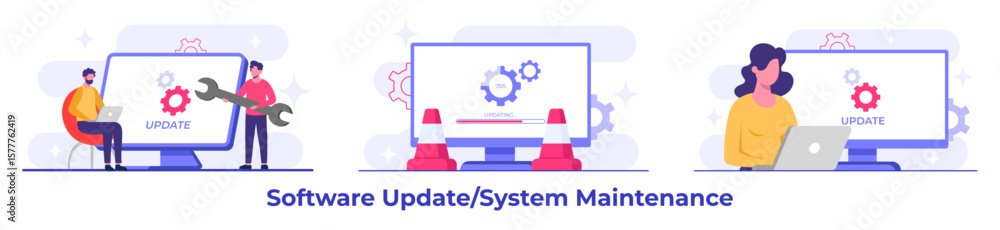 Wall mural system maintenance, error, fixing trouble, device updating, software system under maintenance vector