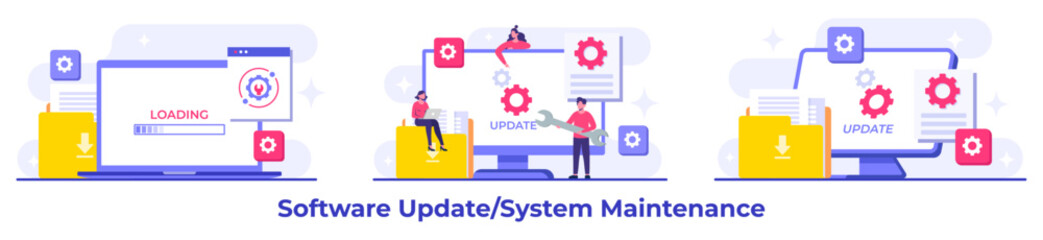 System maintenance, Error, Fixing trouble, Device updating, Software system under maintenance vector illustration, Software upgrade process on devices, System update, People update operation system