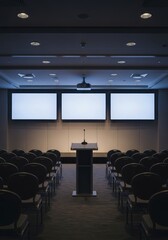 Conference Room Presentation Setup - Dimly lit conference room with three large screens, a podium, a microphone, and rows of empty chairs.