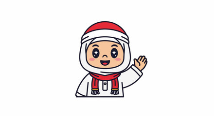 Cartoon Arab Child Waving with Sparkling Eyes and Red Scarf