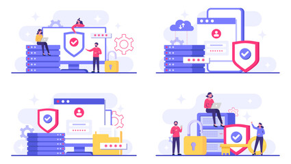 Set of Cyber security flat Illustrations, Database protection, Data Center, File management, cloud storage, Privacy data protection concept for landing page, mobile app, web banner, infographic
