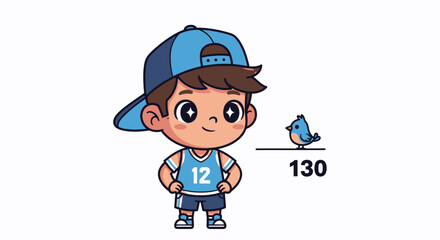 Obraz premium Cartoon Boy in Blue Sportswear with a Bird and the Number 130