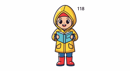 Cartoon boy in yellow raincoat reading a blue book with red boots