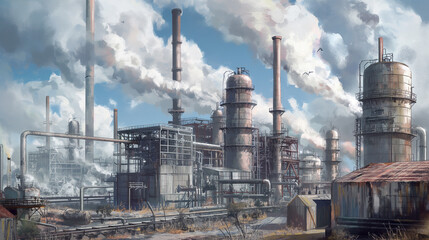 Industrial refinery with smoke-filled chimneys and metal structures on a bright day