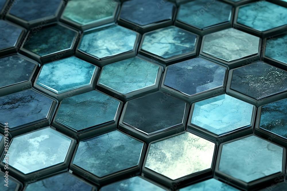 Poster • a seamless background of interlocking hexagons in varying shades of cyan and charcoal, layered wit