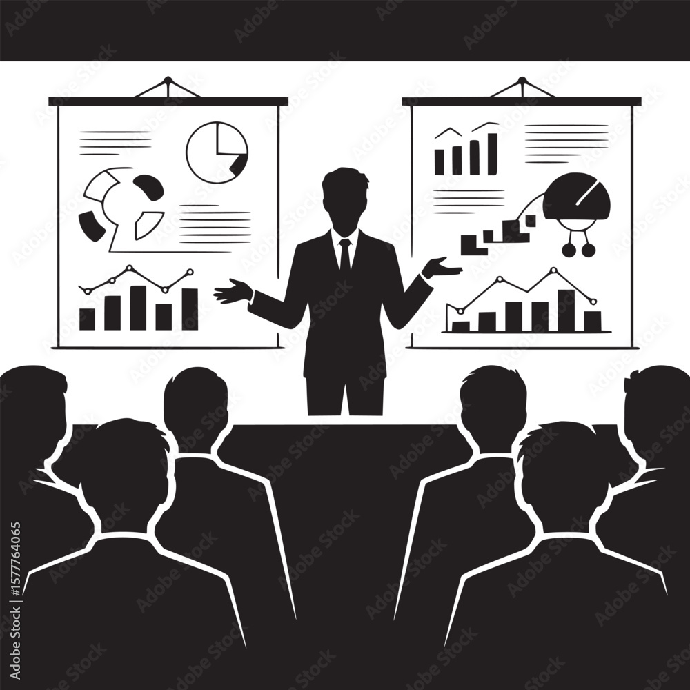 Poster business presentation silhouette with charts and graphs for corporate training and development progr