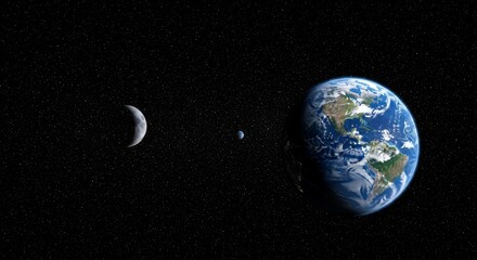 Naklejka premium Earth Moon and Planets in Space - Stunning view of Earth, moon, and planets in the vast expanse of space. A celestial scene perfect for astronomy or space exploration themes