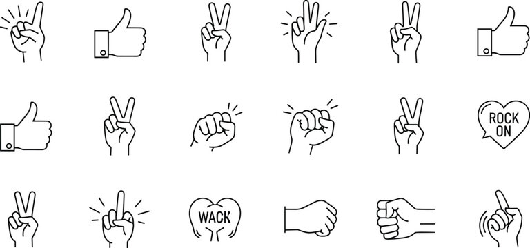 Hand gesture line icon set. Vector pictograms of thumbs up, peace sign, high five, fist bump, rock on, heart shape thin linear illustration for communication, expressions,