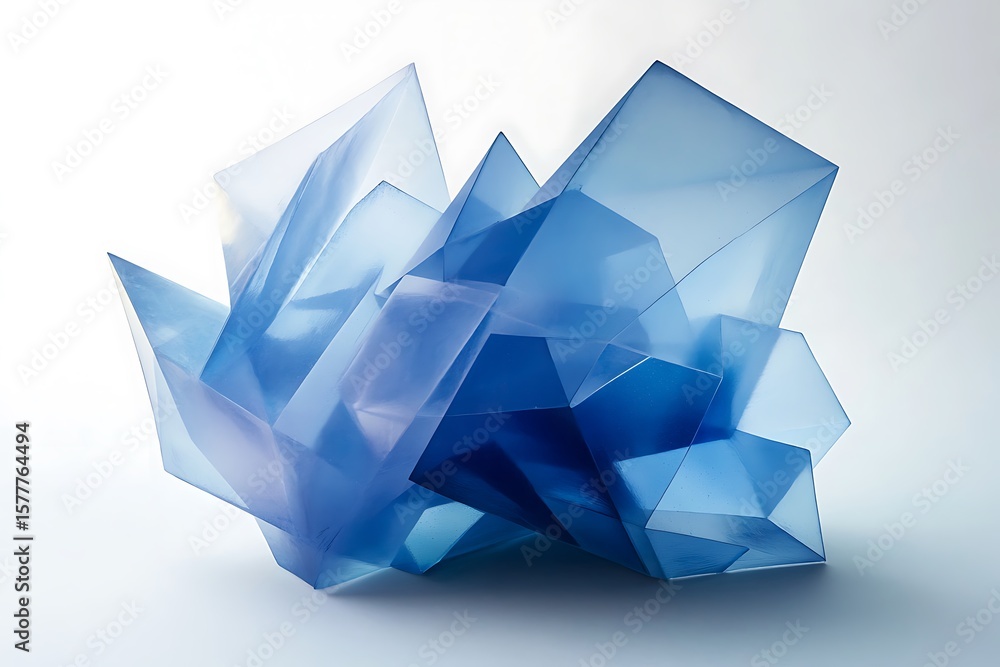 Poster a series of angular, translucent blue polygons layered over a smooth gray gradient, creating a subtl