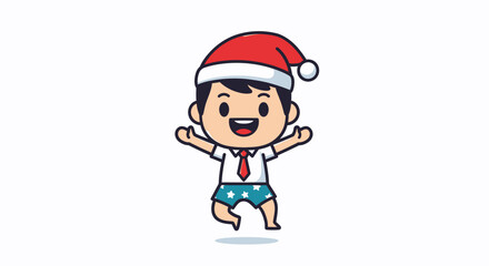 Cheerful Cartoon Boy in Santa Hat and Starry Swim Trunks Jumping