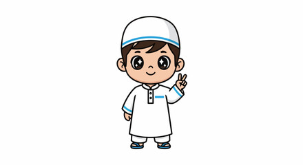 Cheerful Cartoon Boy in Traditional Islamic Clothing Making a Peace Sign