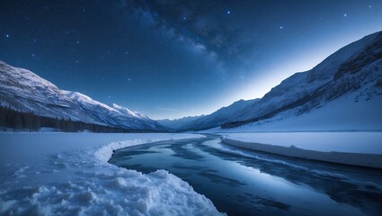 Winter landscape with milky way and snow covered mountain