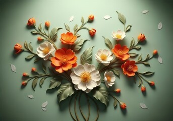Obraz premium Elegant Paper Flowers Bouquet - A stunning bouquet of intricately crafted paper flowers in shades of orange and white, arranged against a soft green background