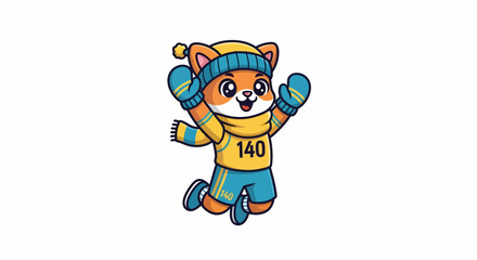 Cheerful Cartoon Fox Mascot Jumping with Joy in Winter Outfit and Number 140