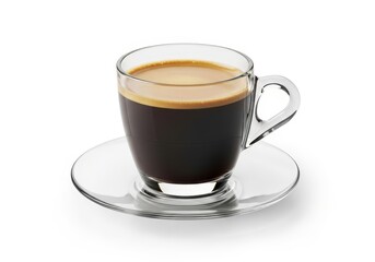 Fototapeta premium Espresso in Glass Cup on Saucer - A single serving of espresso in a clear glass cup, sitting on a matching saucer, isolated on a white background
