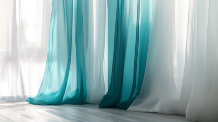 Sheer Floor-Length Ombre Curtains Fading from Rich Teal at Base to White at Top – Elegant Gradient Window Treatment
