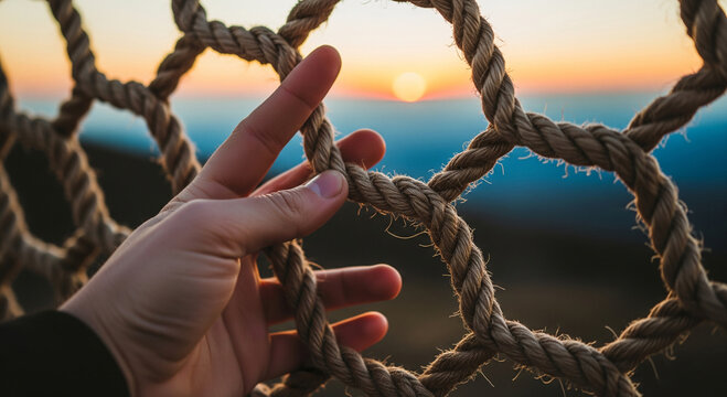 Hand gripping thick rope netting against a warm sunset sky