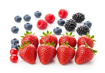 Obraz premium Fresh Berry Mix: Strawberries, Raspberries, Blueberries and Blackberries - A vibrant mix of fresh strawberries, raspberries, blueberries, and blackberries arranged on a white background.