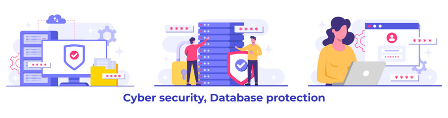 Set of Cyber security flat Illustrations, Database protection, Data Center, File management, cloud storage, Privacy data protection concept for landing page, mobile app, web banner, infographic