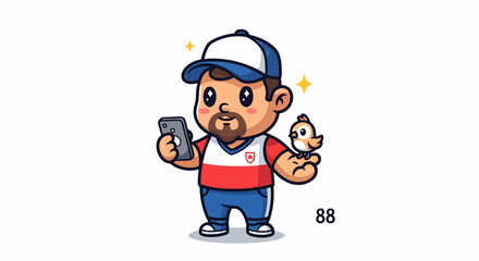Fototapeta premium Cute Cartoon Man with Smartphone and Bird, Engaging in Digital Interaction