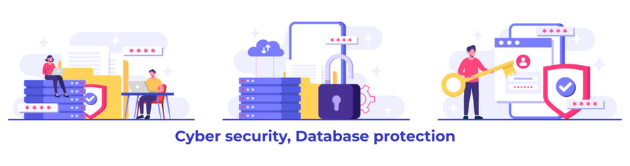 Set of Cyber security flat Illustrations, Database protection, Data Center, File management, cloud storage, Privacy data protection concept for landing page, mobile app, web banner, infographic