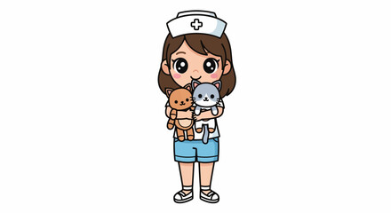 Fototapeta premium Cute Cartoon Nurse Holding Stuffed Cats