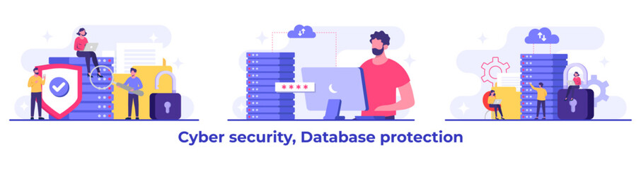 Set of Cyber security flat Illustrations, Database protection, Data Center, File management, cloud storage, Privacy data protection concept for landing page, mobile app, web banner, infographic