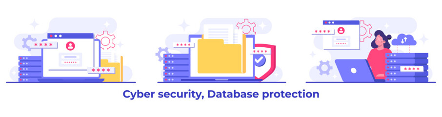 Set of Cyber security flat Illustrations, Database protection, Data Center, File management, cloud storage, Privacy data protection concept for landing page, mobile app, web banner, infographic
