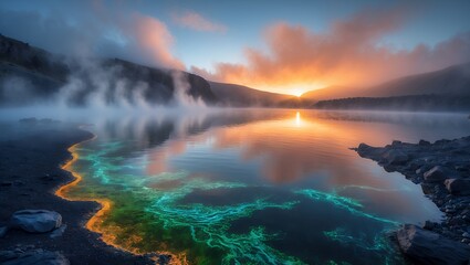 Fototapeta premium Lake reflection during sunrise with glowing water