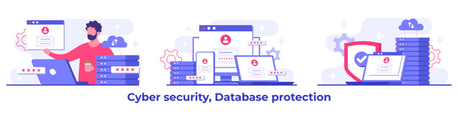 Set of Cyber security flat Illustrations, Database protection, Data Center, File management, cloud storage, Privacy data protection concept for landing page, mobile app, web banner, infographic
