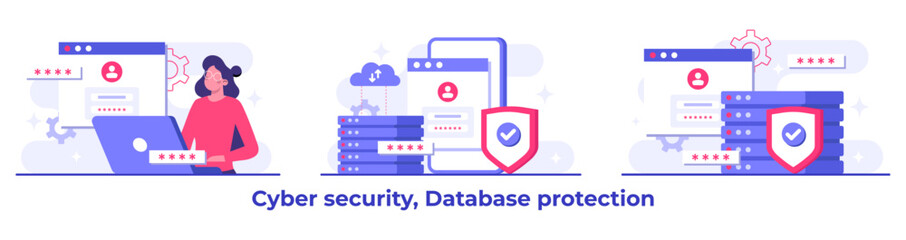 Set of Cyber security flat Illustrations, Database protection, Data Center, File management, cloud storage, Privacy data protection concept for landing page, mobile app, web banner, infographic