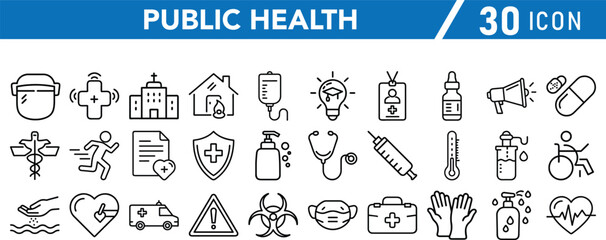 A Set of 30 Vector art  collection of public health icons representing various medical and safety measures