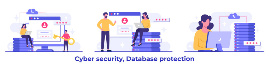 Set of Cyber security flat Illustrations, Database protection, Data Center, File management, cloud storage, Privacy data protection concept for landing page, mobile app, web banner, infographic