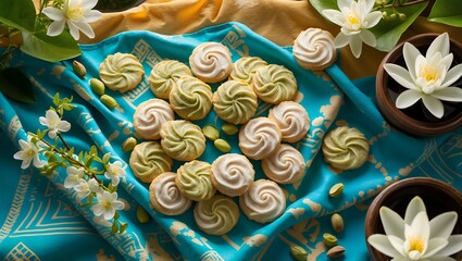 Delicious cookies with pistachios and white flowers