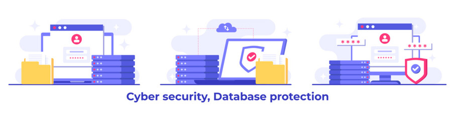 Set of Cyber security flat Illustrations, Database protection, Data Center, File management, cloud storage, Privacy data protection concept for landing page, mobile app, web banner, infographic