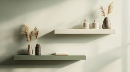 Minimal Wall-Mounted Shelves in Sage Green and Cream with Subtle Decor – Clean and Stylish Interior Accent