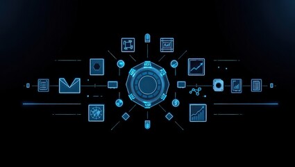 Naklejka premium A futuristic interface with glowing blue icons connected to a central circular element on black background