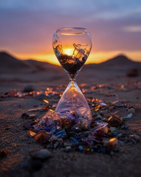 cracked hourglass filled with plastic waste instead of sand desert sunset