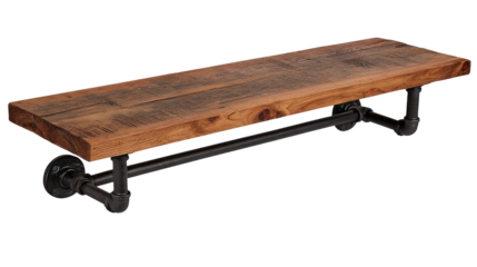 Wooden shelf displays rustic texture and has black metal pipe brackets on a transparent background.
