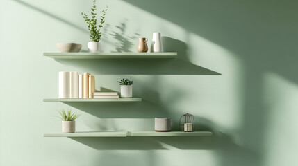 Minimal Wall-Mounted Shelves in Sage Green and Cream with Subtle Decor – Clean and Stylish Interior Accent