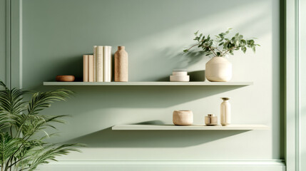 Minimal Wall-Mounted Shelves in Sage Green and Cream with Subtle Decor – Clean and Stylish Interior Accent